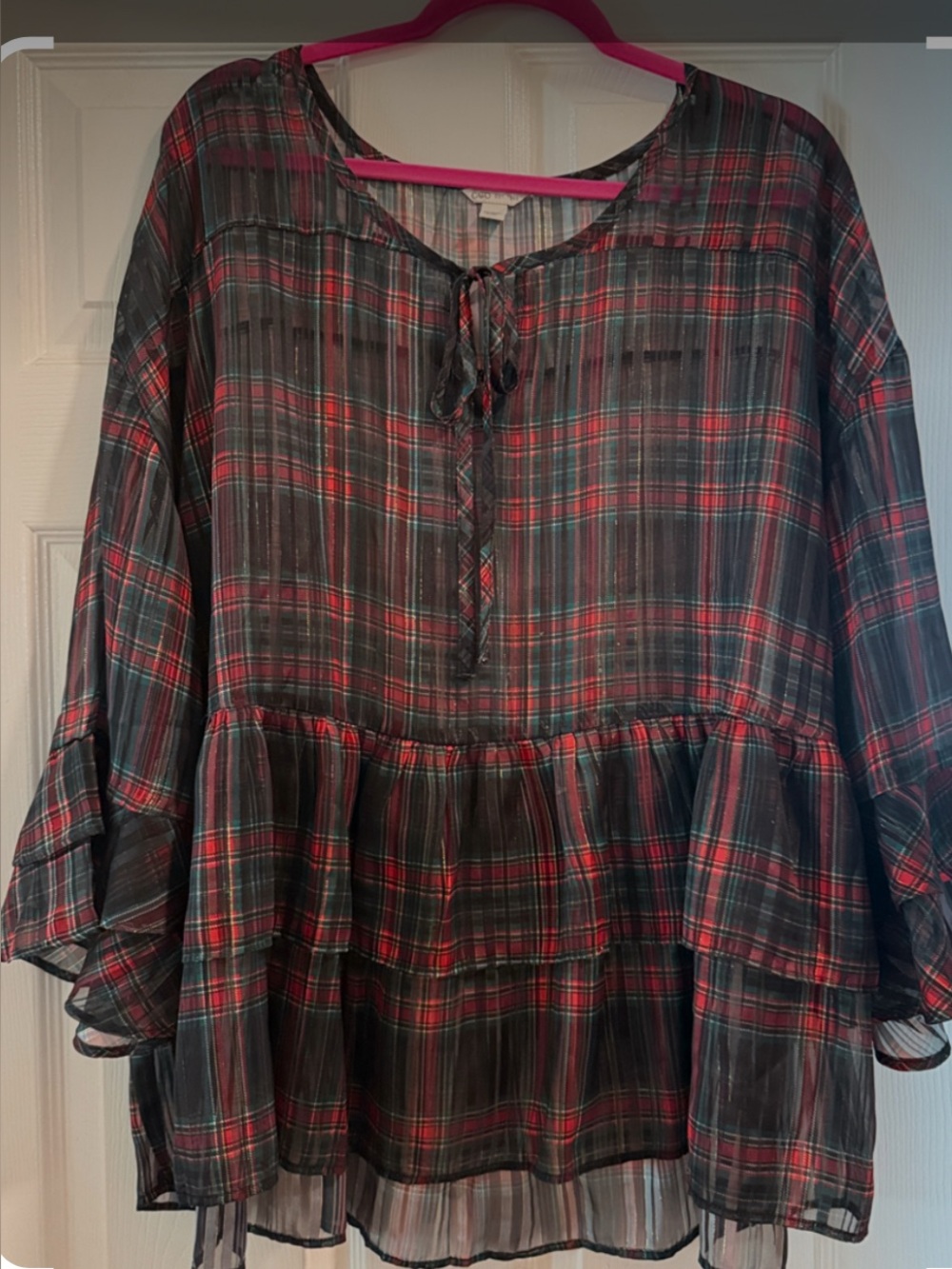 Cato Black & Red Plaid Peplum Tie-Front Tunic